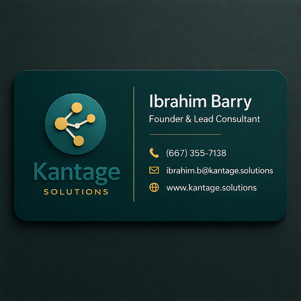 Kantage Solutions Business Card - Ibrahim Barry, Founder & Lead Consultant